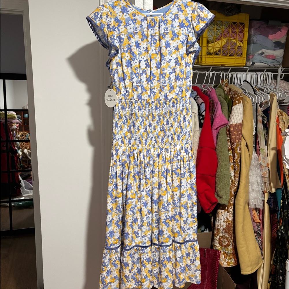 Floral Blue and Yellow Smocked Midi Dress
